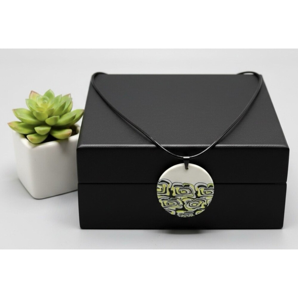 Yellow Black White Graphic Print Handmade Polymer Clay LG Pendant Necklace Cord